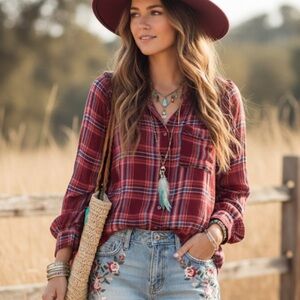 Anthropologie Red Plaid Button Down Shirt